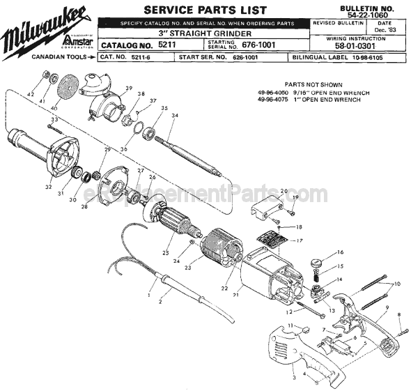 Page A Diagram and Parts List for 5211 SER 676-1001 Milwaukee Sander Grinder