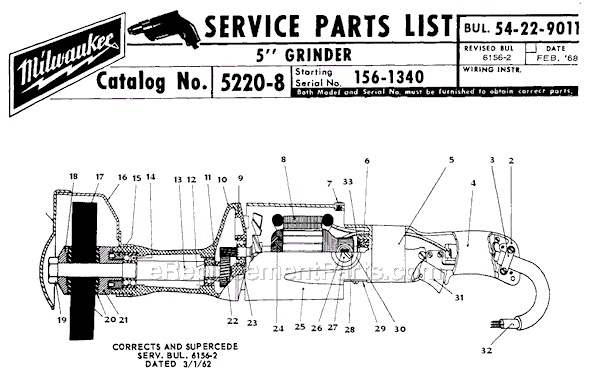 Page A Diagram and Parts List for 5220-8 SER 156-1340 Milwaukee Sander Grinder