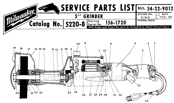 Page A Diagram and Parts List for 5220-8 SER 156-1720 Milwaukee Sander Grinder