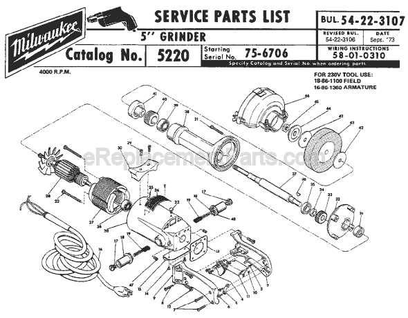 Page A Diagram and Parts List for 5220 SER 75-6706 Milwaukee Sander Grinder