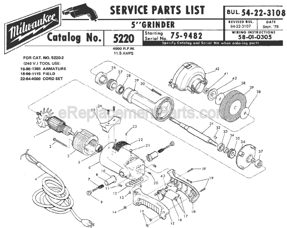 Page A Diagram and Parts List for 5220 SER 75-9482 Milwaukee Sander Grinder