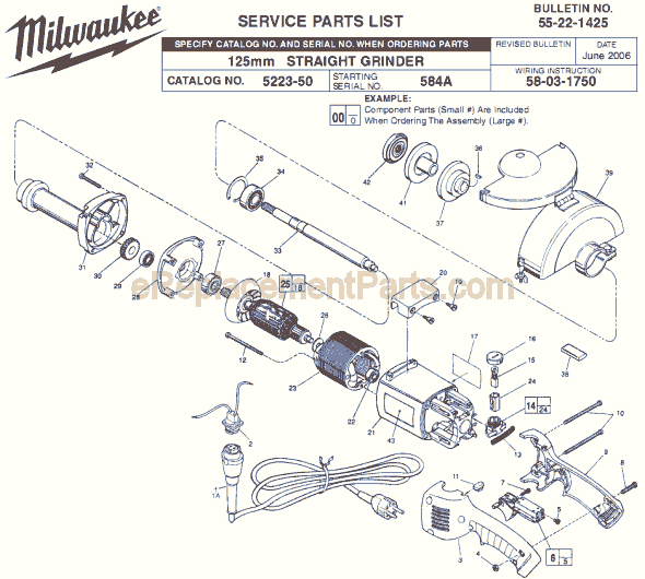 Page A Diagram and Parts List for 5223-50 SER 584A Milwaukee Sander Grinder