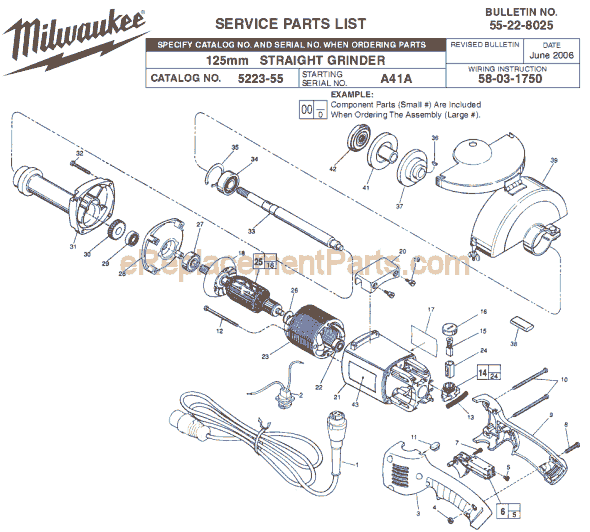 Page A Diagram and Parts List for 5223-55 SER A41A Milwaukee Sander Grinder