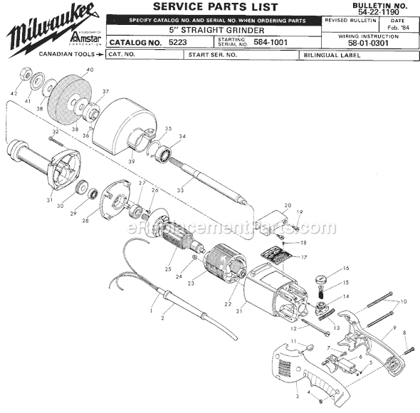 Page A Diagram and Parts List for 5223 SER 584-1001 Milwaukee Sander Grinder