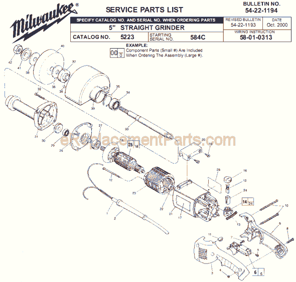 Page A Diagram and Parts List for 5223 SER 584C Milwaukee Sander Grinder