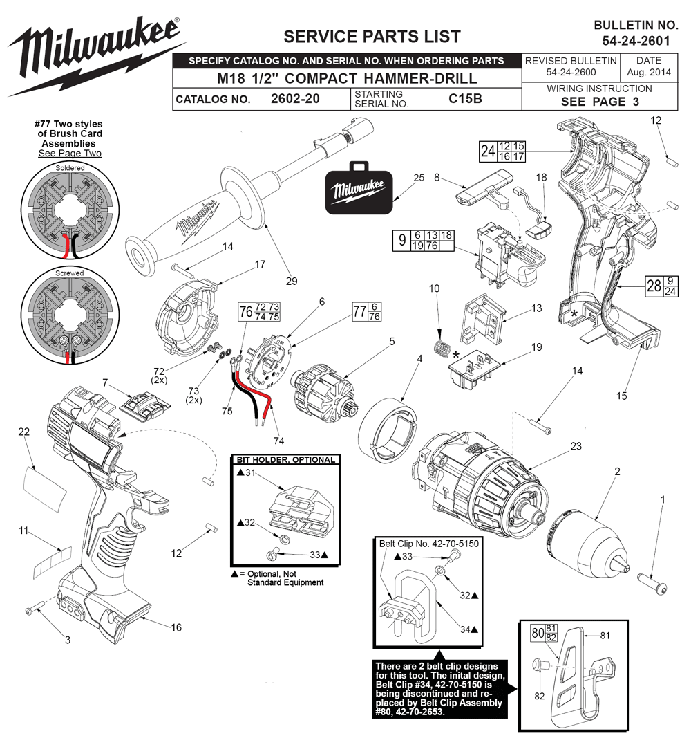 Fig-0 Diagram and Parts List for 2602-22CT C15B Milwaukee Cordless Drill