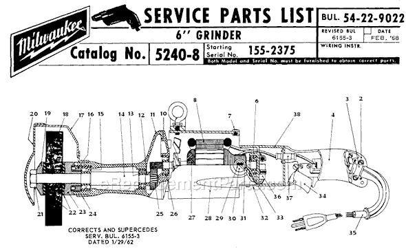 Page A Diagram and Parts List for 5240-8 SER 155-2375 Milwaukee Sander Grinder
