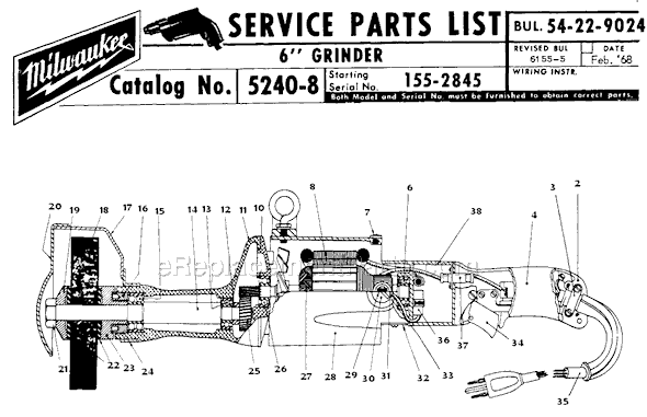 Page A Diagram and Parts List for 5240-8 SER 155-2845 Milwaukee Sander Grinder