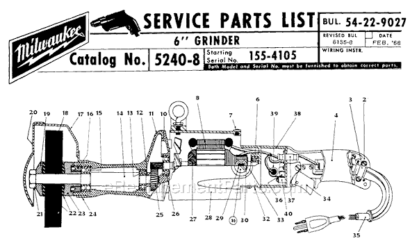 Page A Diagram and Parts List for 5240-8 SER 155-4105 Milwaukee Sander Grinder