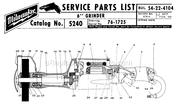 Page A Diagram and Parts List for 5240 SER 76-1725 Milwaukee Sander Grinder
