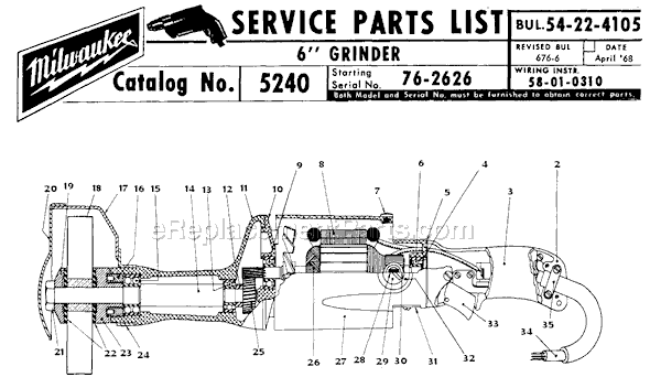 Page A Diagram and Parts List for 5240 SER 76-2626 Milwaukee Sander Grinder