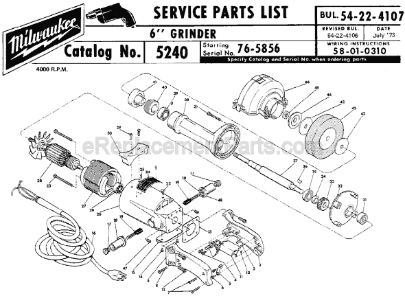 Page A Diagram and Parts List for 5240 SER 76-5856 Milwaukee Sander Grinder