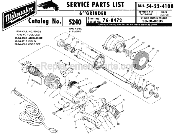 Page A Diagram and Parts List for 5240 SER 76-8472 Milwaukee Sander Grinder