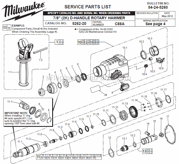 Page A Diagram and Parts List for 5262-20 C88A Milwaukee Demolition Hammer