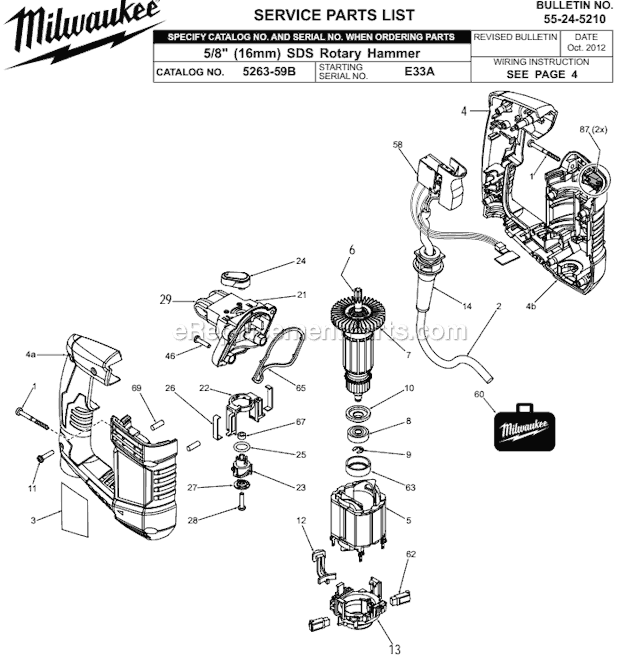 Page A Diagram and Parts List for 5263-59B SER E33A Milwaukee Demolition Hammer