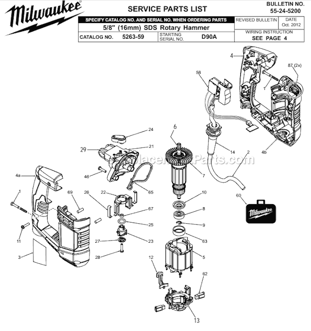 Page A Diagram and Parts List for 5263-59 SER D90A Milwaukee Demolition Hammer