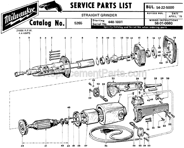 Page A Diagram and Parts List for 5265 SER 448-1001 Milwaukee Sander Grinder