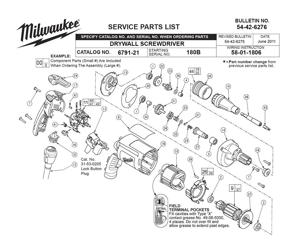 Fig-0 Diagram and Parts List for 6791-21 180B Milwaukee Electric Drill