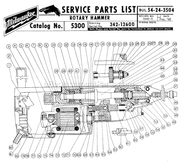 Page A Diagram and Parts List for 5300 SER 342-12600 Milwaukee Demolition Hammer