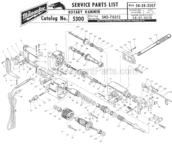Page A Diagram and Parts List for 5300 SER 342-70313 Milwaukee Demolition Hammer