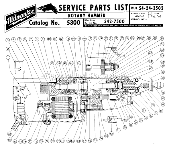 Page A Diagram and Parts List for 5300 SER 342-7500 Milwaukee Demolition Hammer