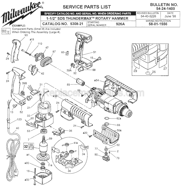 Page A Diagram and Parts List for 5308-21 SER 926A Milwaukee Demolition Hammer