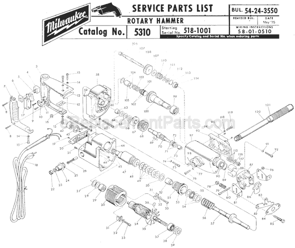 Page A Diagram and Parts List for 5310 SER 518-1001 Milwaukee Demolition Hammer