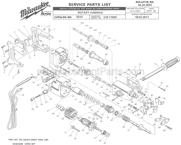 Page A Diagram and Parts List for 5310 SER 518-11000 Milwaukee Demolition Hammer