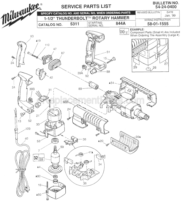 Page A Diagram and Parts List for 5311 SER 844A Milwaukee Demolition Hammer