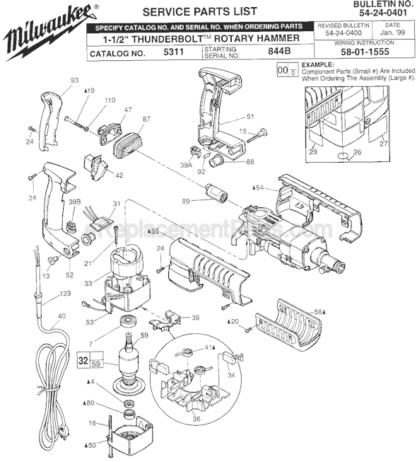 Page A Diagram and Parts List for 5311 SER 844B Milwaukee Demolition Hammer