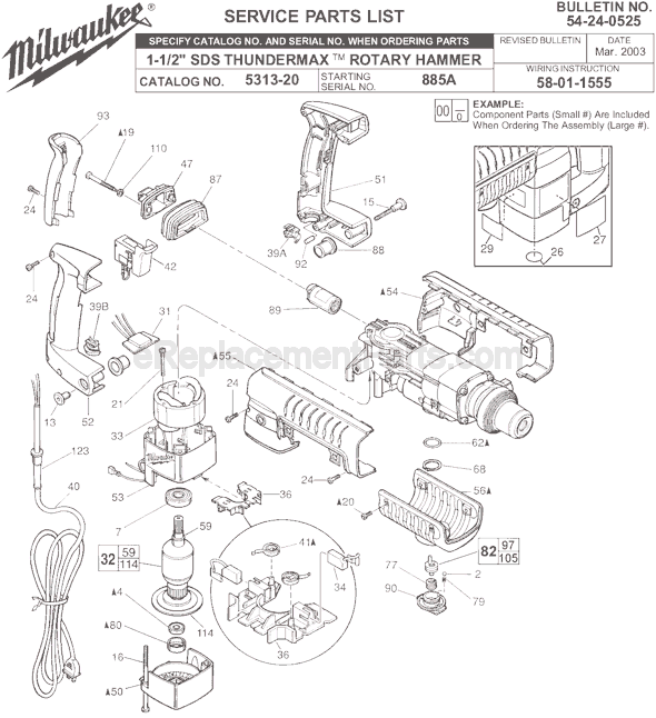 Page A Diagram and Parts List for 5313-20 SER 885A Milwaukee Demolition Hammer