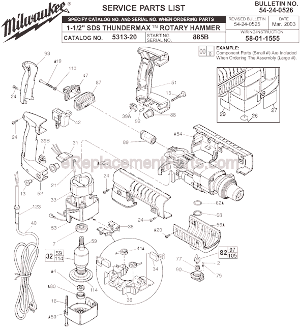 Page A Diagram and Parts List for 5313-20 SER 885B Milwaukee Demolition Hammer