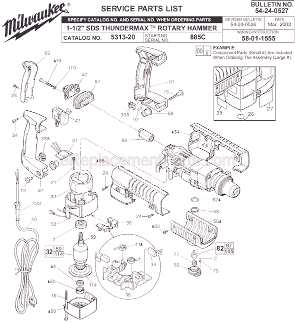 Page A Diagram and Parts List for 5313-20 SER 885C Milwaukee Demolition Hammer