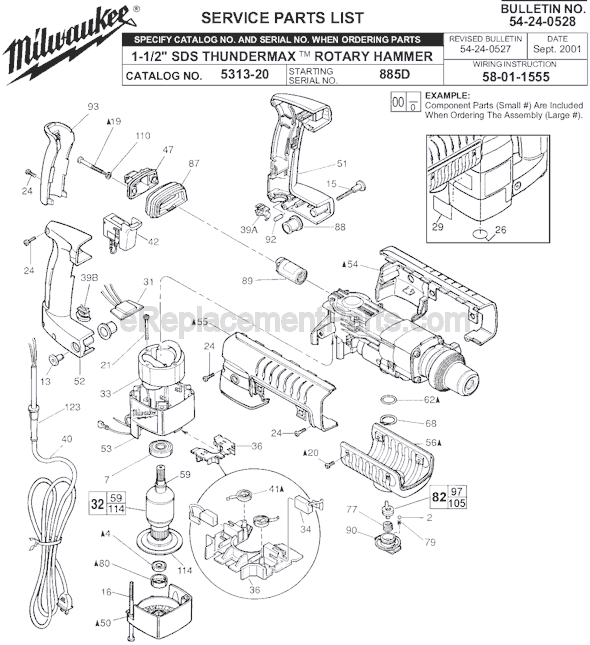 Page A Diagram and Parts List for 5313-20 SER 885D Milwaukee Demolition Hammer