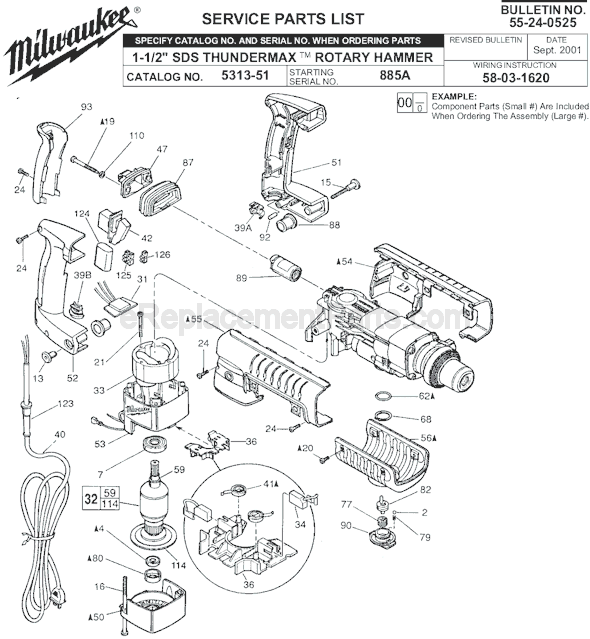 Page A Diagram and Parts List for 5313-51 SER 885A Milwaukee Demolition Hammer