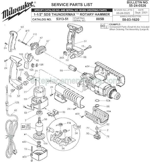 Page A Diagram and Parts List for 5313-51 SER 885B Milwaukee Demolition Hammer
