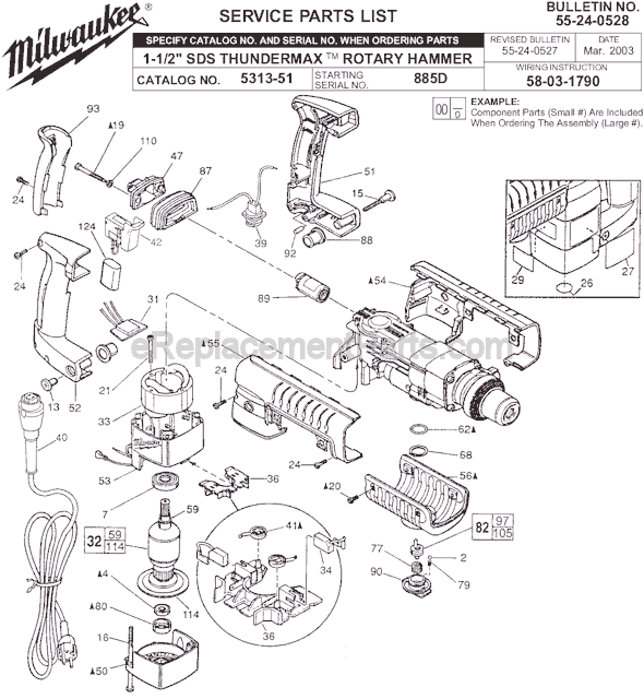Page A Diagram and Parts List for 5313-51 SER 885D Milwaukee Demolition Hammer