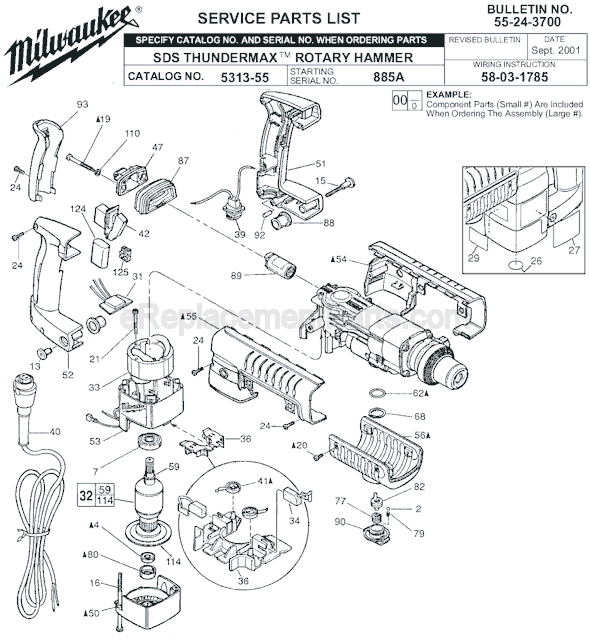 Page A Diagram and Parts List for 5313-55 SER 885A Milwaukee Demolition Hammer