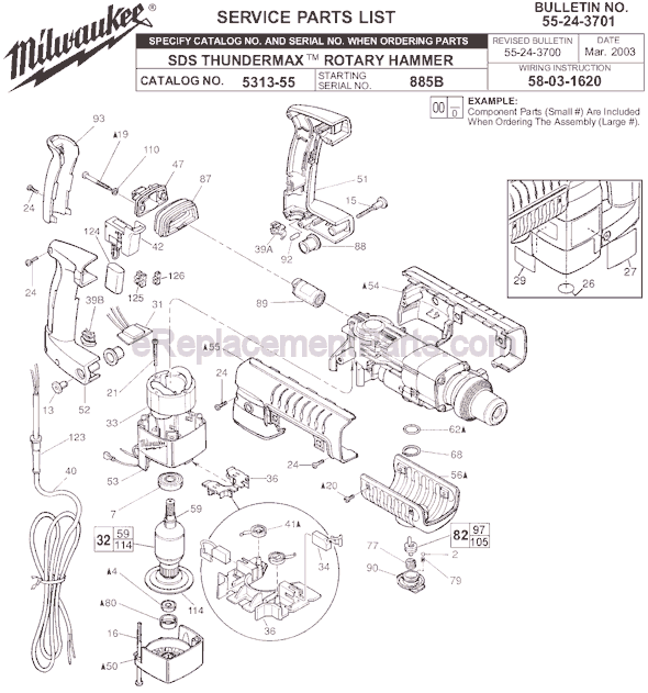 Page A Diagram and Parts List for 5313-55 SER 885B Milwaukee Demolition Hammer