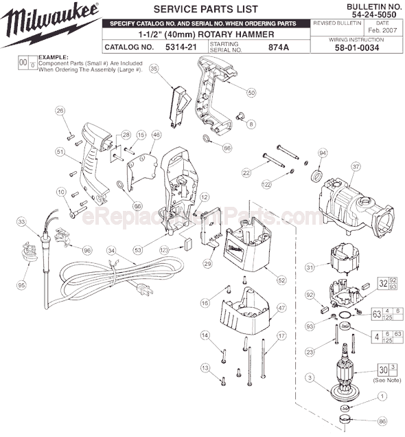 Page A Diagram and Parts List for 5314-21 SER 874A Milwaukee Demolition Hammer