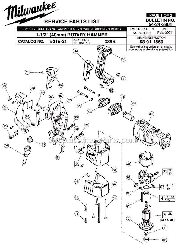 Page A Diagram and Parts List for 5315-21 SER 338B Milwaukee Demolition Hammer