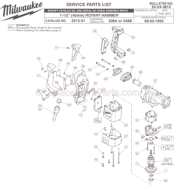 Page A Diagram and Parts List for 5315-51 SER 338A Milwaukee Demolition Hammer