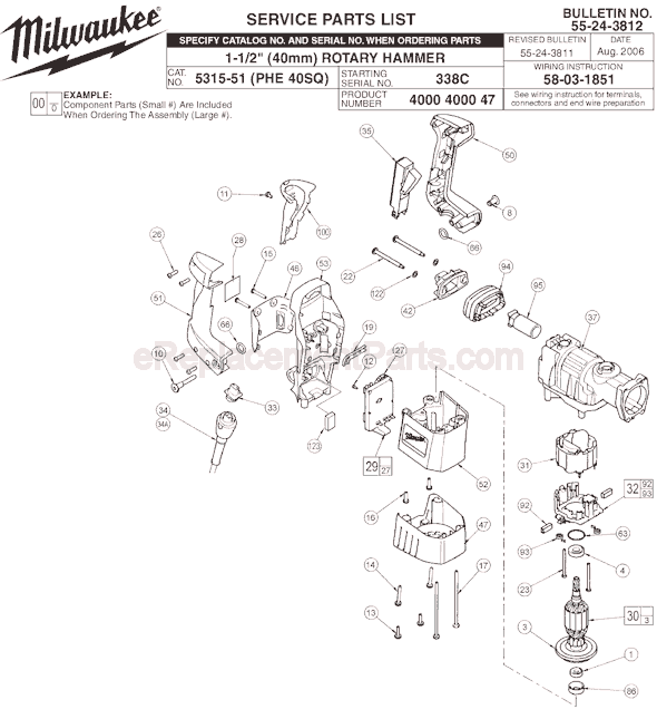 Page A Diagram and Parts List for 5315-51 SER 338C Milwaukee Demolition Hammer
