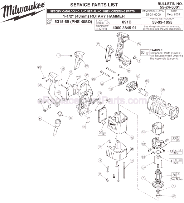 Page A Diagram and Parts List for 5315-55 SER 891B Milwaukee Demolition Hammer