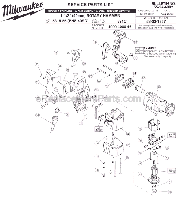 Page A Diagram and Parts List for 5315-55 SER 891C Milwaukee Demolition Hammer