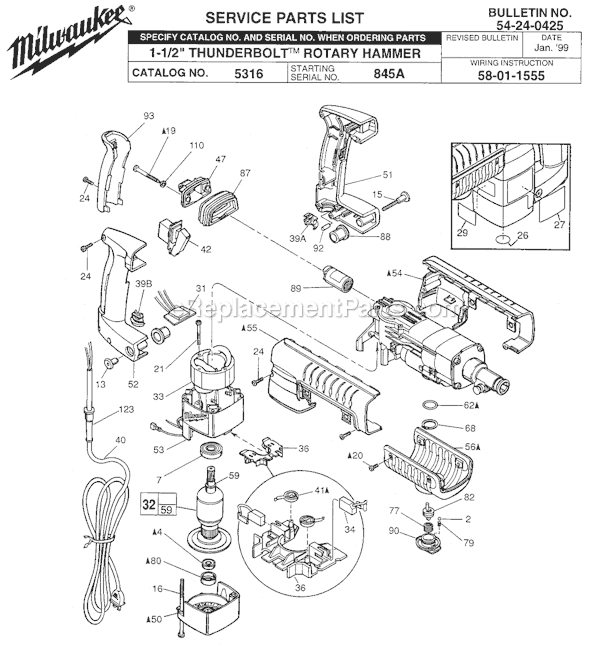 Page A Diagram and Parts List for 5316 SER 845A Milwaukee Demolition Hammer