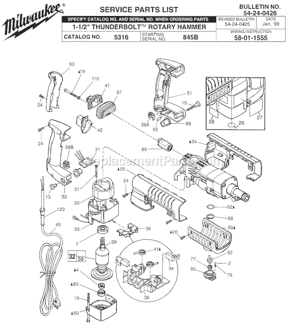 Page A Diagram and Parts List for 5316 SER 845B Milwaukee Demolition Hammer