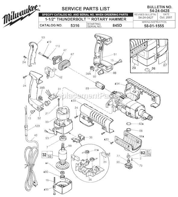 Page A Diagram and Parts List for 5316 SER 845D Milwaukee Demolition Hammer