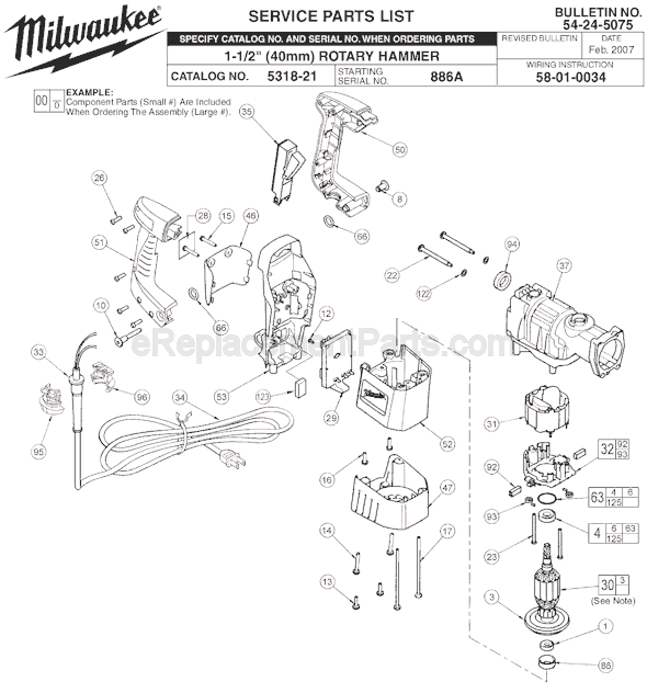 Page A Diagram and Parts List for 5318-21 SER 886A Milwaukee Demolition Hammer