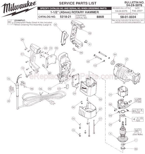 Page A Diagram and Parts List for 5318-21 SER 886B Milwaukee Demolition Hammer